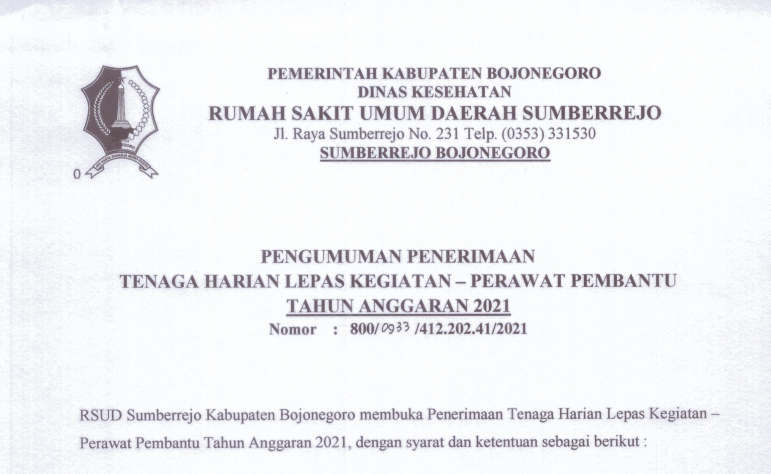 Pengumuman Penerimaan THL Perawat T.A 2021