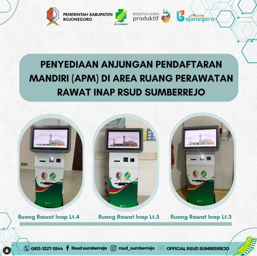 RSUD Sumberrejo menyediakan Anjungan Pendaftaran Mandiri (APM) di area Ruang Perawatan Rawat Inap
