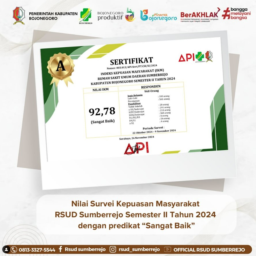 Hasil Survei Kepuasan Masyarakat RSUD Sumberrejo Semester II Tahun 2024 sebesar 92,78%
