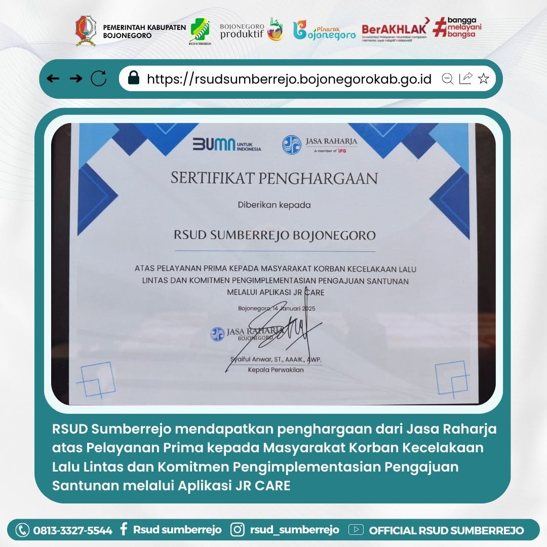 14 Januari 2025 RSUD Sumberrejo mendapatkan penghargaan dari Jasa Raharja