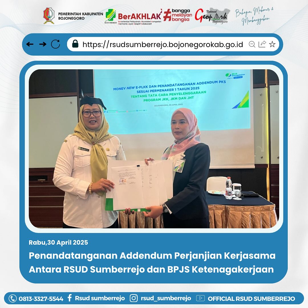 Penandatanganan Perjanjian kerjasama antara RSUD Sumberrejo dan Kepala BPJS Ketenagakerjaan