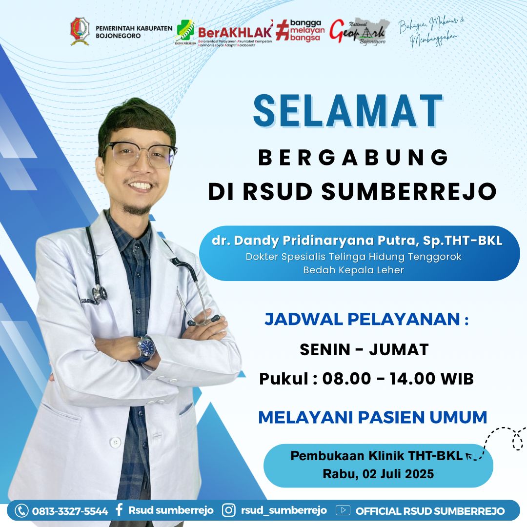 Selamat datang dan Selamat Bergabung di RSUD Sumberrejo dr. Dandy Pridinaryana Putra, Sp.THT-BK
